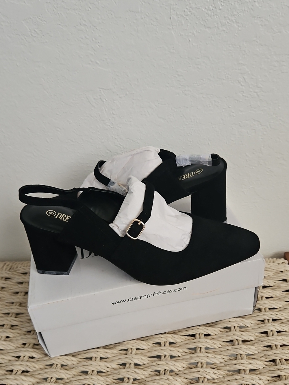 Size 8 Dream Pairs Black Suede Block Heel Mary Jane Slingback with Gold Buckle
